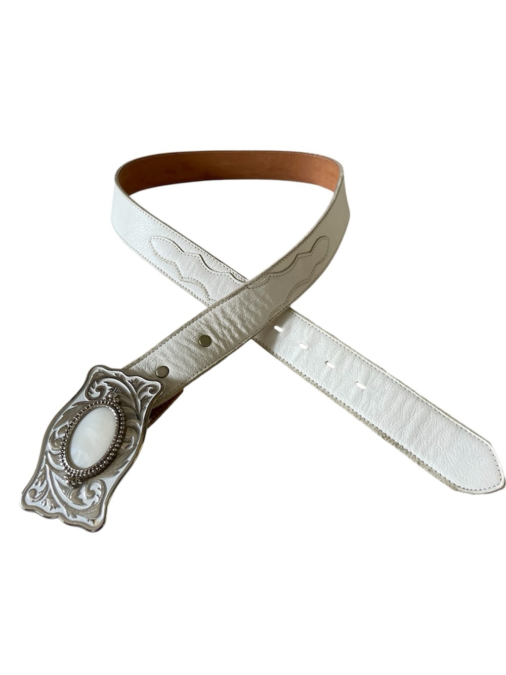 Vintage White Leather Mother of Pearl Silver Buckle Circle Y Belt